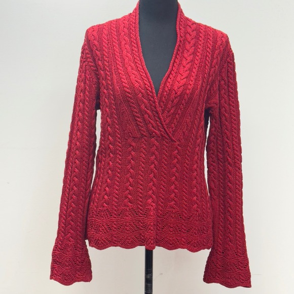Lauren Ralph Lauren Red Scalloped Hem Cable Knit Sweater Bell Sleeve Women's M - Picture 1 of 8